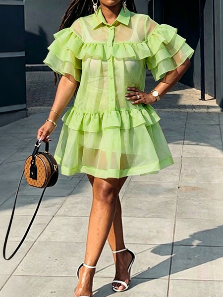 Elegant Plain Peplum Knee Length Dress With an Underlayer, Mini Dresses, color:Lightgreen|size:XXL, Stylewe