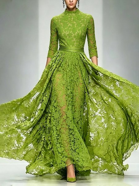 Lace Elegant Plain Mock Neck Maxi Party Dress, Cocktail Dresses, color:Green|size:XXL, Stylewe