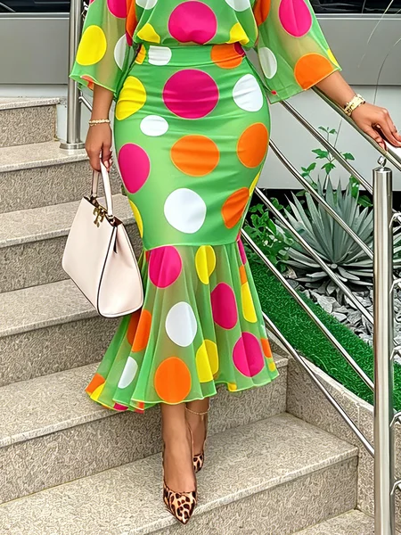 Elegant Printing Polka Dots Midi Skirt, Skirts, color:Green|size:XXL, Stylewe