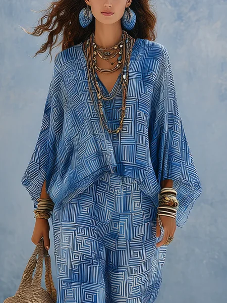 Vacation Geometric Printing V Neck Blouse, Blouses and Shirts, color:Blue|size:XXL, Stylewe