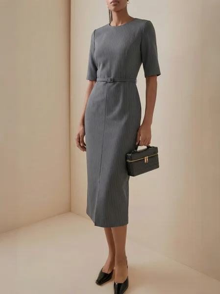 Urban Striped Tencel Fiber Dress With Belt, Midi Dresses, color:Deep Gray|size:XL, Stylewe