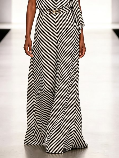 Urban Striped Printing Geometric Color Block Grommets Wide Leg Pants, Pants, color:Black|size:XXL, Stylewe