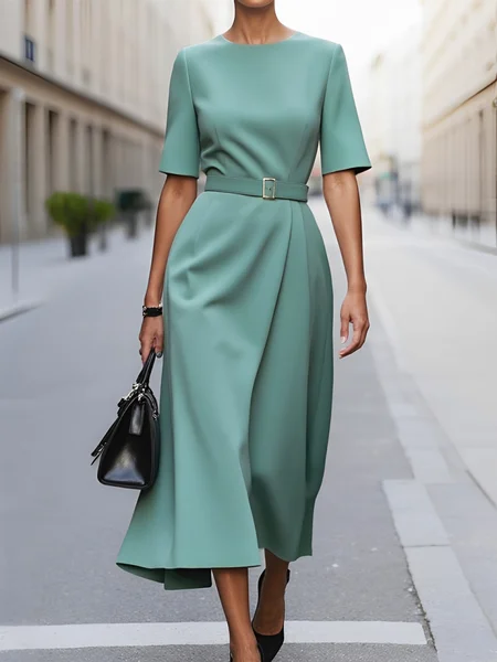 Elegant Plain Crew Neck Midi Dress With Belt, Midi Dresses, color:Green|size:XS, Stylewe
