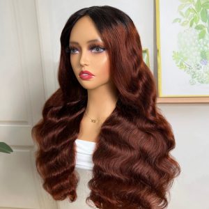 Nadula Reddish Brown Air Wig Glueless V Part Body Wave Wig Copper Red Ombre V Part Wig Human Hair with Hollow Out Breathable Cap, Catalog Online Nadula 2588