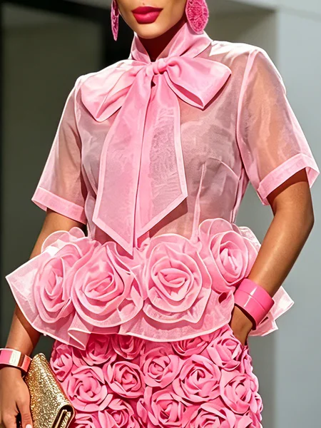 Urban Plain Peplum 3D Floral Bow Tie Neck Shirt, Blouses and Shirts, color:Pink|size:XXL, Stylewe