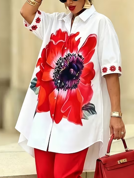 Urban Floral Printing Shirt Collar Shirt, Blouses and Shirts, color:Red|size:XXL, Stylewe