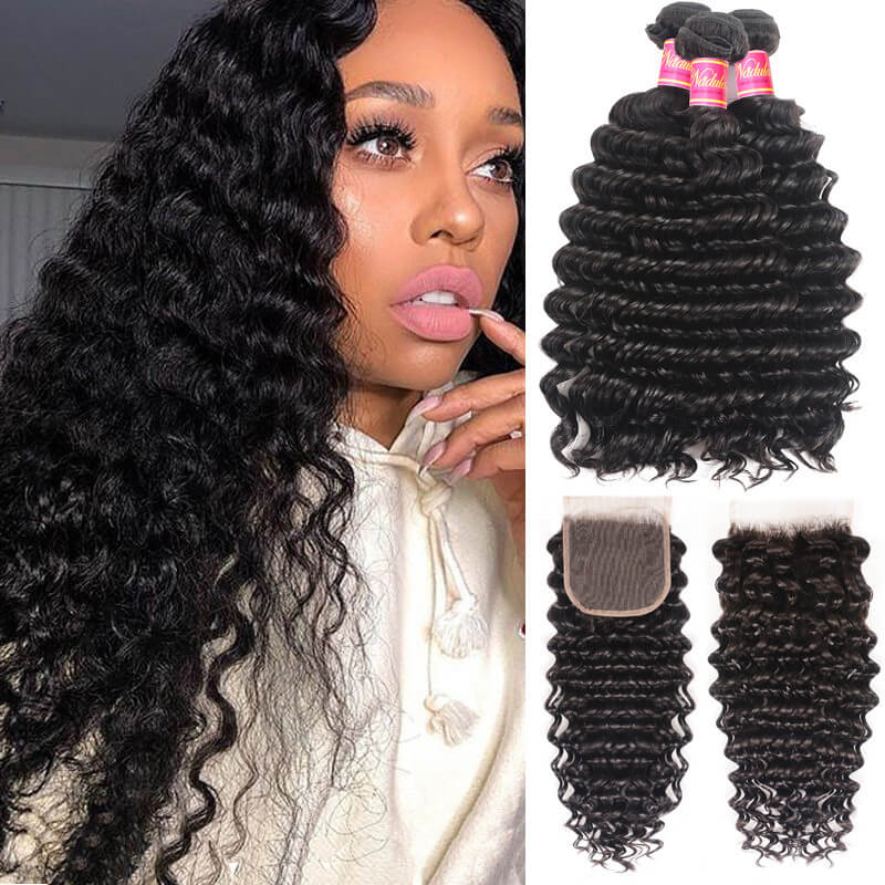 Nadula Brazilian Hair Deep Wave Virgin Hair 3 Bundles With 4 By 4 inch Lace Closure Bouncy Human Hair, Catalog Online Nadula 1004