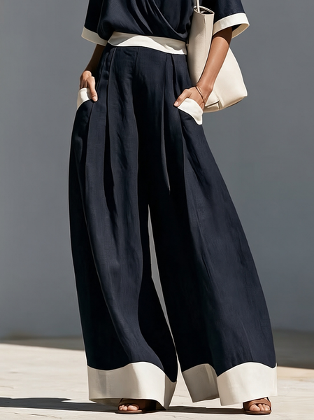 Casual Color Block Split Joint Wide Leg Pants, Pants, color:Deep Blue|size:XXL, Stylewe