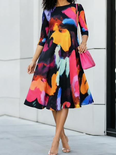 Urban Random Print Crew Neck Midi Dress, Midi Dresses, color:As Picture|size:XXL, Stylewe