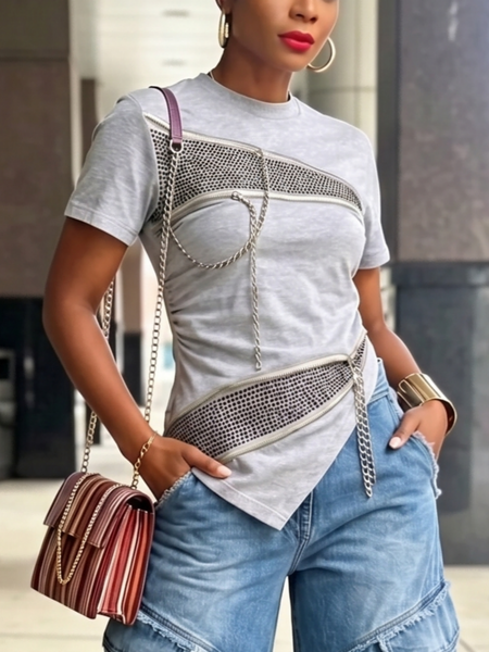 Urban Plain Chain Crew Neck T-shirt, Tees, color:Gray|size:XXL, Stylewe