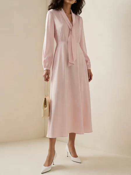 Plain Urban Regular Fit Tie Neck Dress With No, Midi Dresses, color:Pink|size:XL, Stylewe