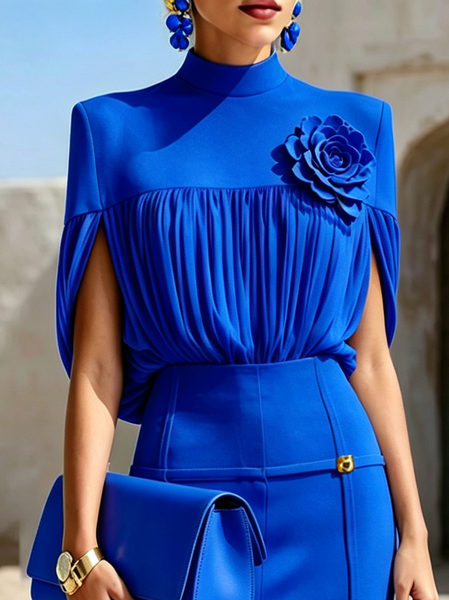 Elegant Solid Ruched Stand Collar Blouse for Party, Blouses and Shirts, color:Blue|size:XXL, Stylewe
