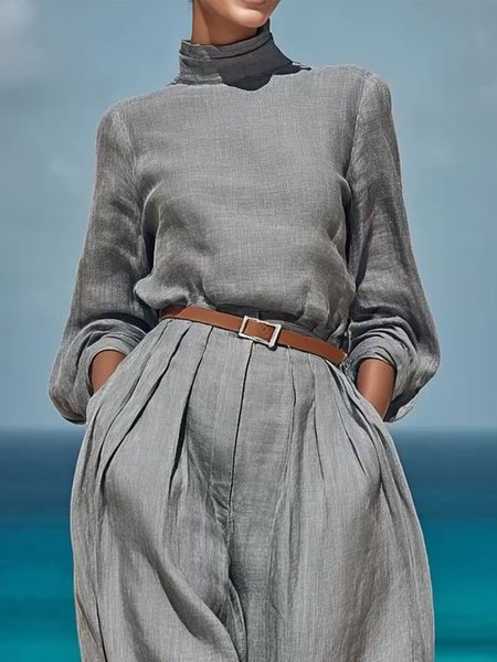 Cotton And Linen Casual Plain Stand Collar Blouse, Blouses and Shirts, color:Gray|size:XXL, Stylewe