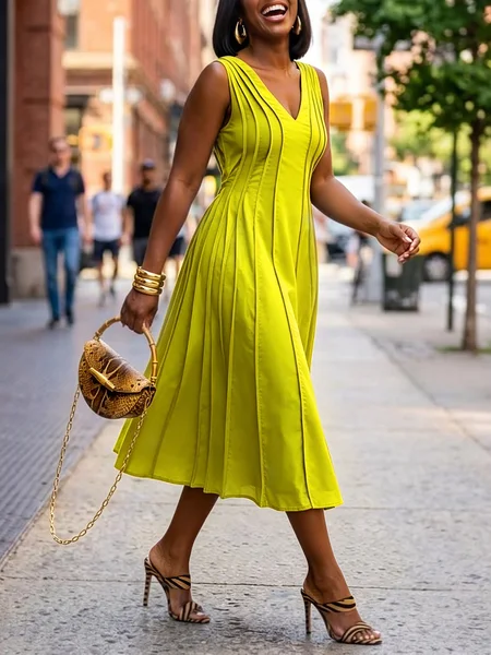 Cotton And Linen Casual Plain Ruched Midi Dress, Midi Dresses, color:Green|size:XXL, Stylewe
