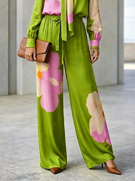 Urban Color Block Bow Printing Wide Leg Pants, Pants, color:Green|size:XXL, Stylewe