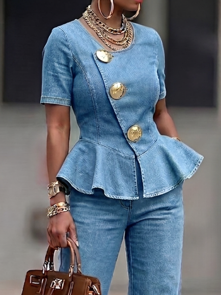 Urban Plain Button Detail Crew Neck Denim Top, Tops, color:Denim Blue|size:XXL, Stylewe