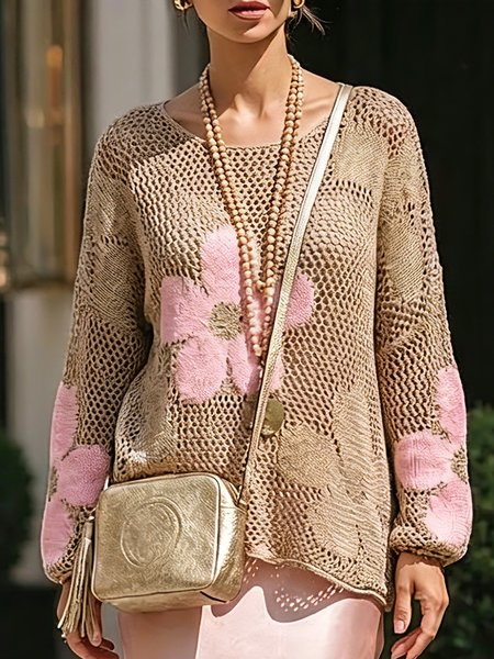 Urban Floral Hollow Out Color Block Sweater, Pullovers, color:Pink|size:XXL, Stylewe