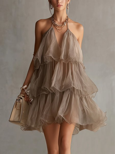 Elegant Floral Folds Halter Neck Mini Dress, Mini Dresses, color:Gray-brown|size:XXL, Stylewe