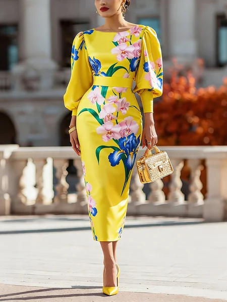 Elegant Floral Puff Sleeve Printing Boat Neck Midi Dress, Midi Dresses, color:Yellow|size:XXL, Stylewe
