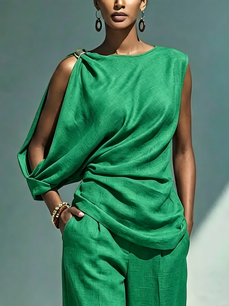 Urban Plain Cotton Linen Sleeveless Blouse Chic Off-Shoulder Summer Daily Top, Blouses and Shirts, color:Green|size:XXL, Stylewe
