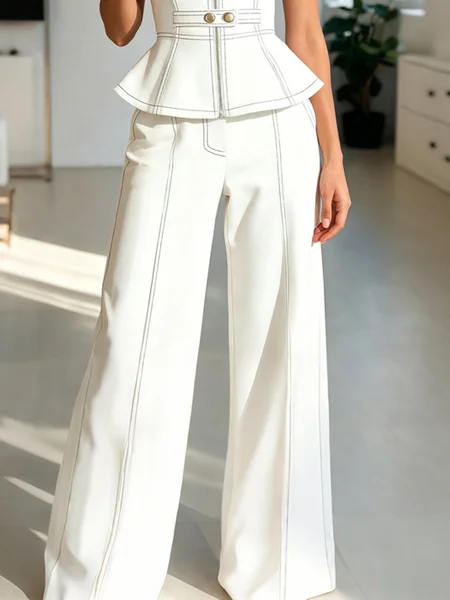 Urban Color Block Wide Leg Pants, Pants, color:White|size:XXL, Stylewe