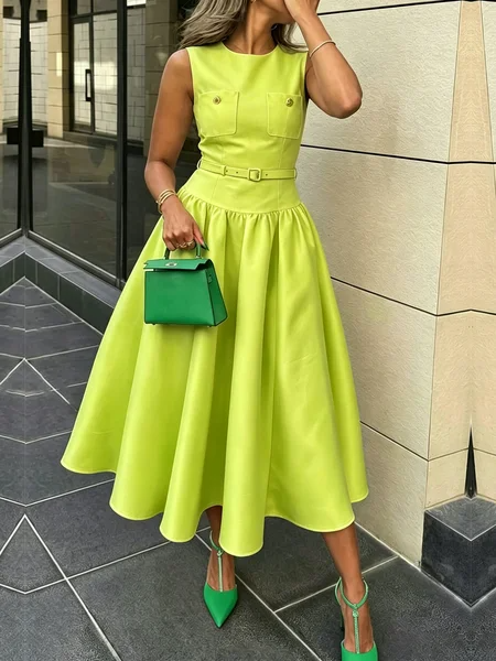 Elegant Plain Crew Neck Maxi Dress With Belt, Midi Dresses, color:Green|size:XXL, Stylewe