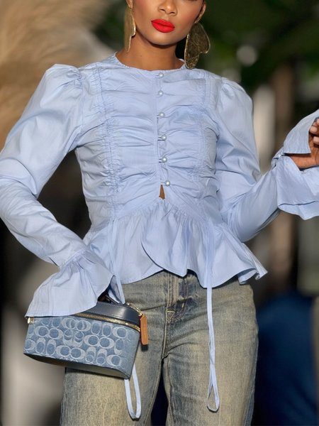 Urban Plain Ruched Crew Neck Bell Sleeve Shirt, Blouses and Shirts, color:Blue|size:XXL, Stylewe