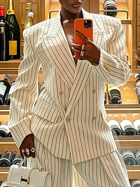 Urban Buttoned Geometric Striped Lapel Collar Blazer, Blazers, color:White|size:XXL, Stylewe