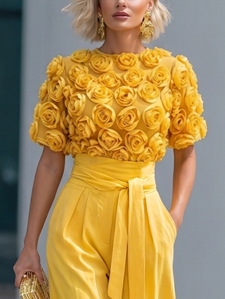 Elegant Plain 3D Floral Blouse, Blouses and Shirts, color:Yellow|size:XXL, Stylewe
