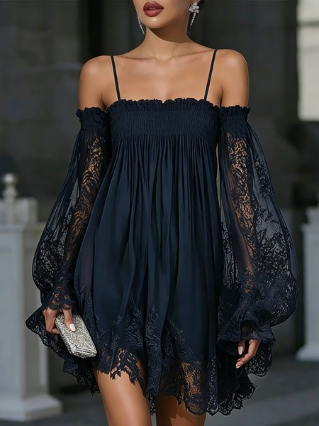 Elegant Plain Lace Spaghetti Mini Dress, Mini Dresses, color:Blue|size:XXL, Stylewe