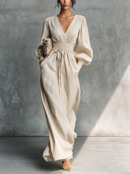 Cotton And Linen Elegant Plain Scramble V Neck Maxi Dress, Maxi Dresses, color:As Picture|size:XXL, Stylewe