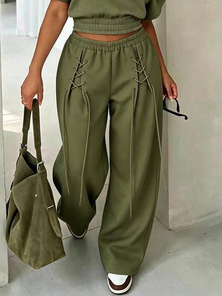 Casual Plain Lace-up Straight Pants, Pants, color:Army Green|size:XXL, Stylewe
