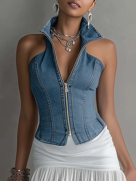 Urban Plain Zipper Shawl Collar Denim Top, Tops, color:Blue|size:XXL, Stylewe