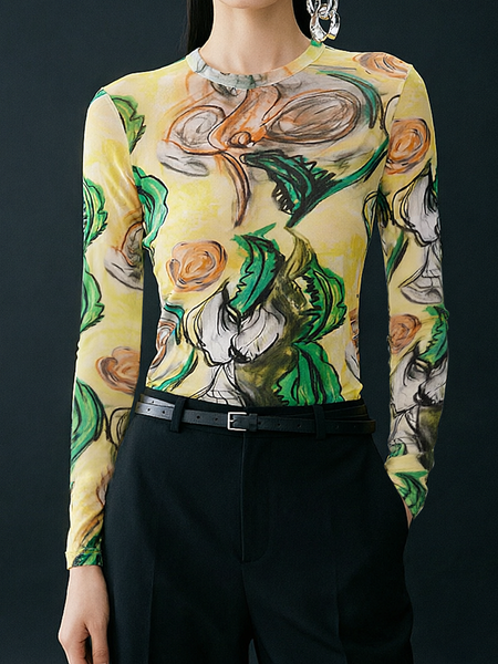 Casual Random Print Crew Neck T-shirt, Tees, color:As Picture|size:XXL, Stylewe