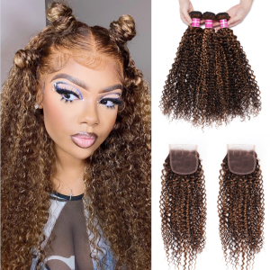 Nadula Curly Human Hair Bundles With Closure Honey Blond Highlight Brown Color 3 Bundles with Lace Closure, Catalog Online Nadula 2453