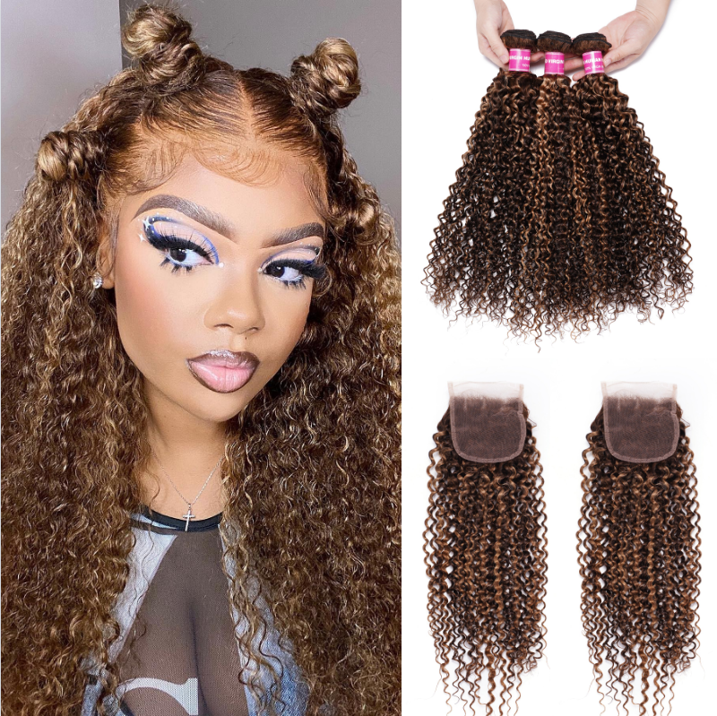 Nadula Curly Human Hair Bundles With Closure Honey Blond Highlight Brown Color 3 Bundles with Lace Closure, Catalog Online Nadula 2453