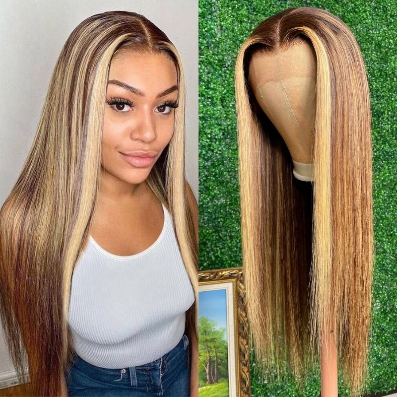 Nadula 13*4 Lace Front Highlight Wig Silk Straight Honey Blond and Brown Human Hair Wig Pre-Plucked With Baby Hair 150% Density, Catalog Online Nadula 2003