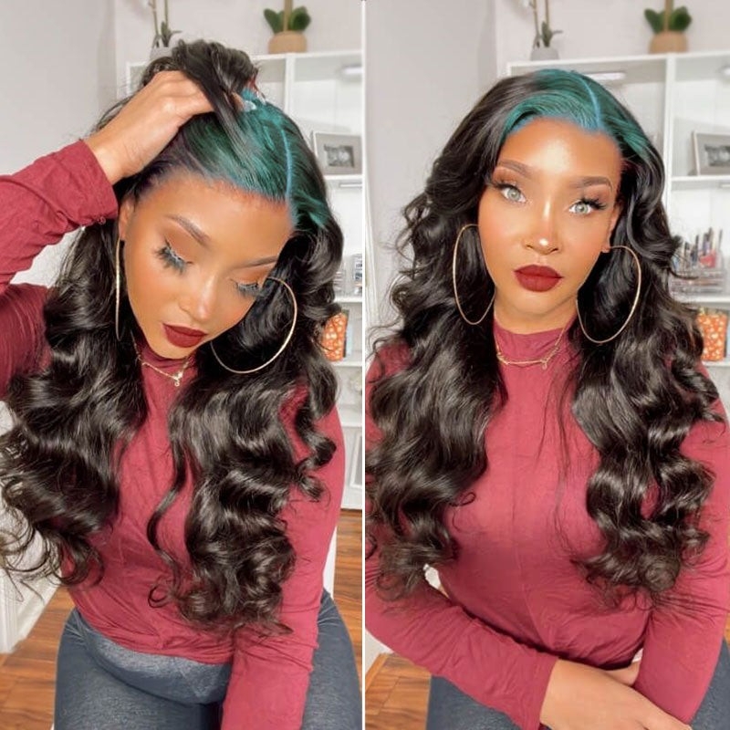 Nadula Lace Frontal Green Colored Roots Wig 13x4 Lace Front Loose Wave Sparkle Roots On Black Hair Wig, Catalog Online Nadula 2091
