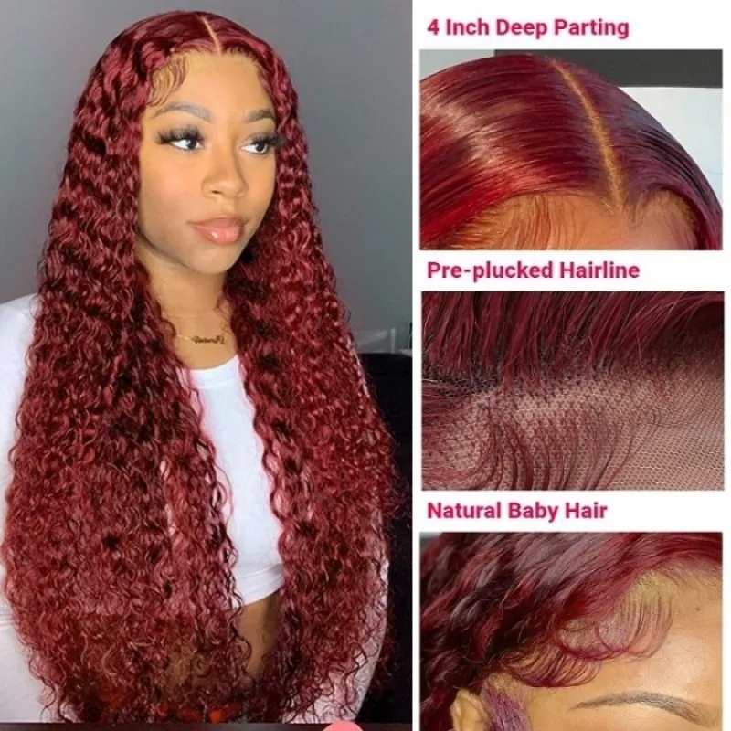 Nadula 16 Inch 99J Colored Curly Human Hair Wig Pre Plucked 4x0.75 T Part Wig Burgundy Human Hair Lace Wigs For Women, Catalog Online Nadula 1919