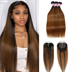 Nadula 3 Bundles Brown Highlights Straight Human Hair With Lace Closure Ombre Human Hair Lace Closure With Highlights, Catalog Online Nadula 1519