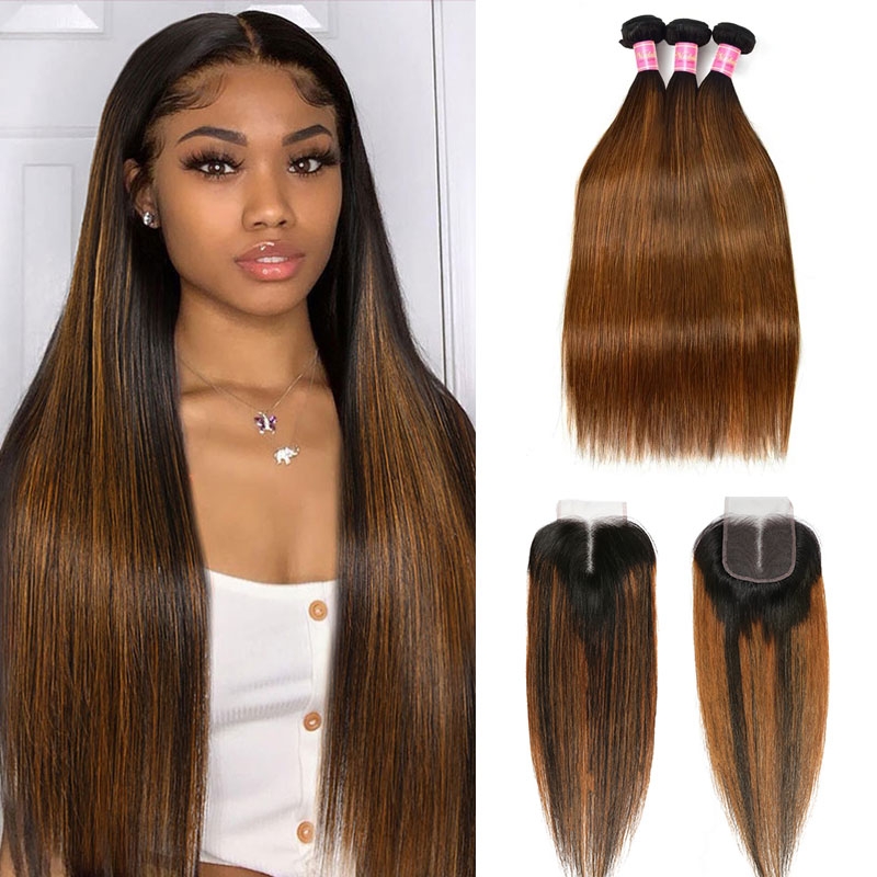 Nadula 3 Bundles Brown Highlights Straight Human Hair With Lace Closure Ombre Human Hair Lace Closure With Highlights, Catalog Online Nadula 1519