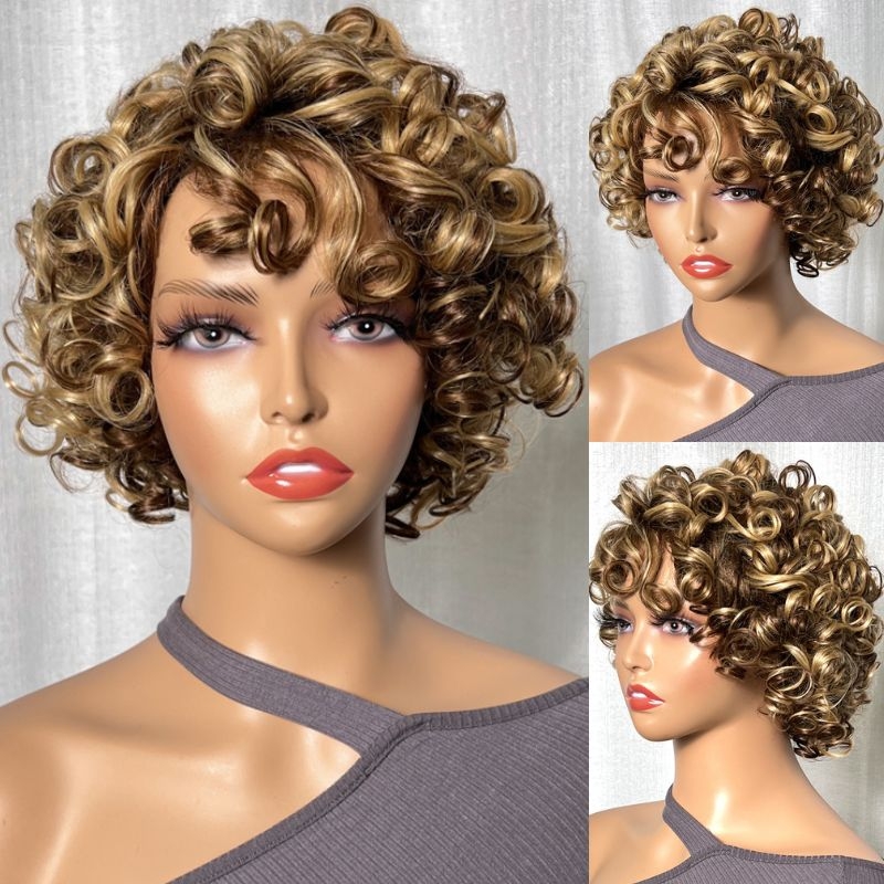 Nadula Glueless Air Wig Short Curly Bob Wig With Bangs Golden Blonde Highlight Loose Wave Wig, Catalog Online Nadula 2658