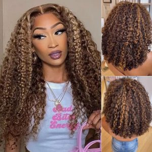 Nadula Honey Blonde Highlight Wig Human Hair 13x1 T Part Curly Lace Wigs Pre Plucked Affordable Human Hair Wigs 130% Density, Catalog Online Nadula 2492