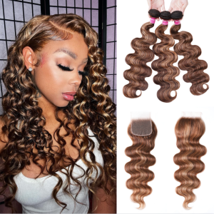 Nadula Body Wave 3 Bundles Hair Weave With 4*4 Inch Lace Closure Piano Honey Blond Highlight Brown Color Unprocessed Hair, Catalog Online Nadula 2481