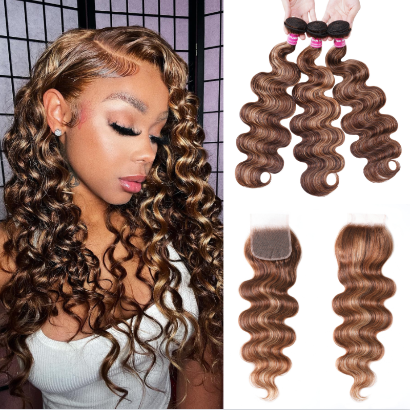 Nadula Body Wave 3 Bundles Hair Weave With 4*4 Inch Lace Closure Piano Honey Blond Highlight Brown Color Unprocessed Hair, Catalog Online Nadula 2481