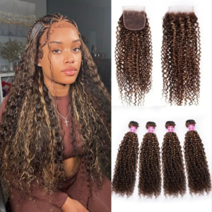 Nadula 4pcs Brazilian Honey Blonde Highlight Curly Hair Bundles with Lace Closure Human Hair Bundles, Catalog Online Nadula 2465