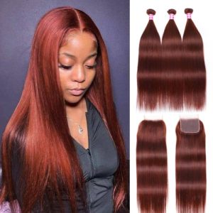Nadula Dark Ginger Straight Hair Bundles with Closure 33B Reddish Brown Lace Closure with 3 Bundles Auburn Human Hair with Closure, Catalog Online Nadula 2390