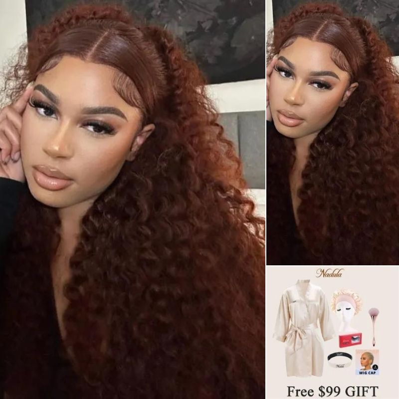 Tiktok #33B Reddish Brown Dark Auburn Color Jerry Curly Lace Front Wig Nadula Autumn perfect color for Deep Skin Tones, Catalog Online Nadula 2614