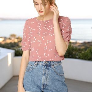 Floral Crew Neck Ruched Sleeve Casual Blouse Pink/S - Allegra K catalog