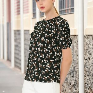 Floral Crew Neck Ruched Sleeve Casual Blouse Black/S - Allegra K catalog